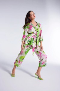 Spodnie kwiatowe Salko w wiskozy i lnu