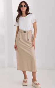 Sukienka Salko midi z łączonych kolorów beżu i ecru