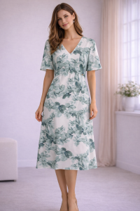 Wiskozowa sukienka w odcieniach zieleni i ecru  