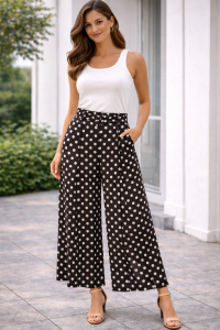 Brązowe spodnie  wiskozowe Bialcon w jasne grochy 