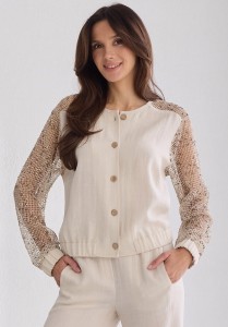 Beżowa wiskozowa bluzka Salko z łączonych tkanin 