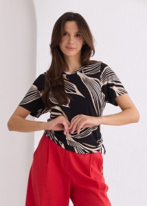 Czarna bluzka dzianinowa  Salko z piaskowymi liśćmi 