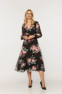 Elegancka szyfonowa sukienka Bialcon z motywem róż 